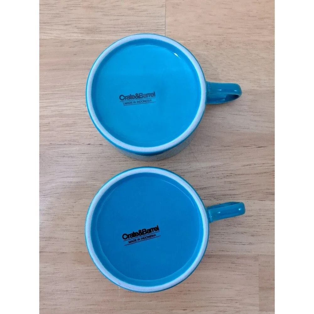 2 Crate & Barrel Teal Blue Small Coffee Cups Mugs Porcelain
